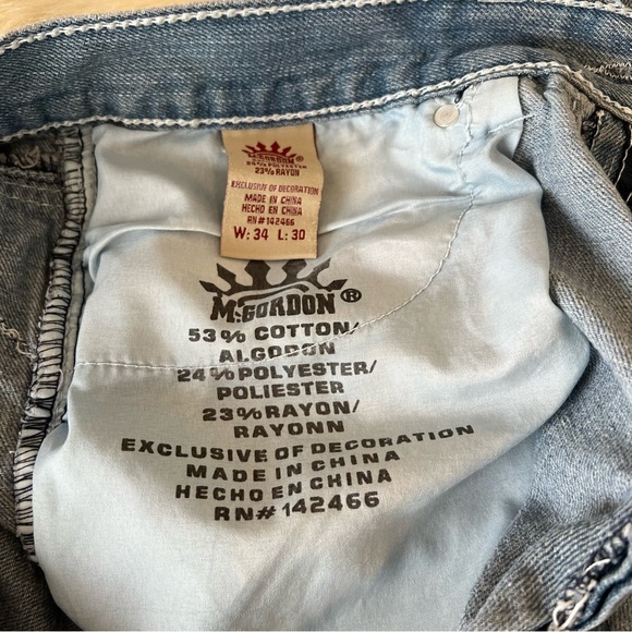 M. GORDON Jeans W34xL30 Distressed Holes Light Wash Stretch White Stitching - Picture 12 of 14